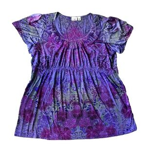 Y2K Sublimation Top Women XL Purple Floral Boho Embellished Short Sleeve Cato